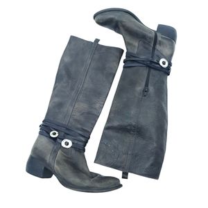 Freebird by Steven Black Brown Leather Knee High Strappy Texan Style Boots Sz 9